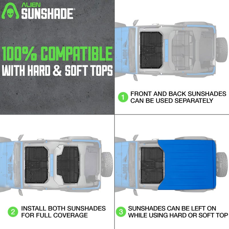 Alien Sunshade Jeep Wrangler JKU Black (2007-2018) Front & Rear Mesh Sun Shade for JK Unlimited, Blocks UV, Wind, Noise, Jeep Gifts, Bikini Jkini Top Cover for Sport, Sport S, Sahara, Rubicon - Image 5